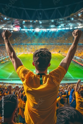 Vibrant soccer stadium filled with spectators cheering on game. Man in yellow jersey raises arms in celebration or excitement amidst bright lights and energized atmosphere.