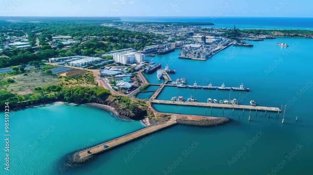 Aerial shot of a port in Darwin, Australia. Coastline with turquoise water. Port architecture, boats, and transportation. Tranquil and clear ocean view. Aerial shot of a port in Darwin, Australia. Coastline with turquoise water. Port architecture, boats, and transportation. Tranquil and clear ocean view.