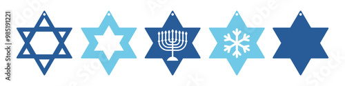 Set of 5 Hanukkah designs for earrings, pendant or keychain with star of David shape. Jewelry silhouette cut template. Laser cutting with leather, wood or metal. Jewish holiday vector stencils