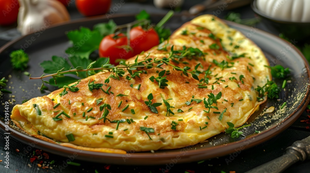 Omelet with fresh herbs and cheese on rustic plate. Omelet with fresh herbs and cheese on rustic plate.