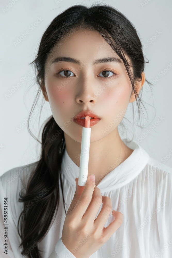 Beautiful Asian woman applies red lipstick to her lips using a makeup brush in a neutral gray background. She is focused on the task, showcasing her attention to detail and passion for beauty. Beautiful Asian woman applies red lipstick to her lips using a makeup brush in a neutral gray background. She is focused on the task, showcasing her attention to detail and passion for beauty.