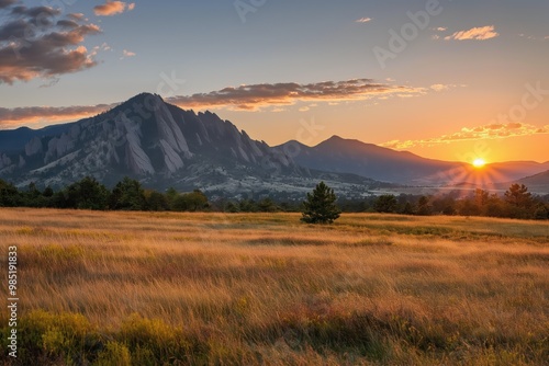 Sunrise over Rocky Mountains near Boulder, Colorado. Flatirons peaks in background. Pink morning clouds, misty landscape. Nature scenery, beautiful scenery, rock formations, mountain peaks. photo