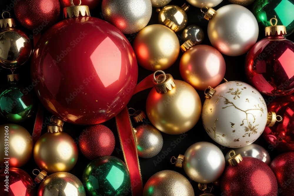 A stack of multicolored Christmas baubles, topped with a green ribbon and red and gold ribbons at the base A stack of multicolored Christmas baubles, topped with a green ribbon and red and gold ribbons at the base