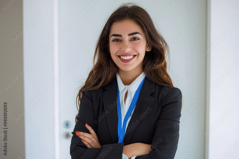 Young, beautiful woman wearing badge, smiling confidently with crossed arms. Attractive female professional, casual attire, isolated on white background. Cheerful, happy, positive expression,