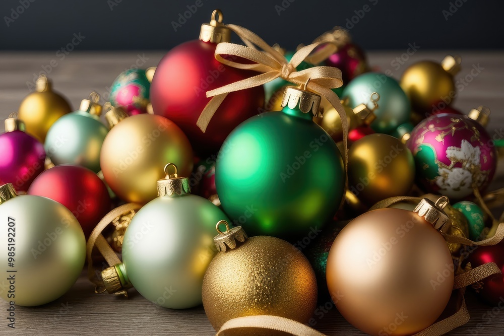 A stack of multicolored Christmas baubles, topped with a green ribbon and red and gold ribbons at the base A stack of multicolored Christmas baubles, topped with a green ribbon and red and gold ribbons at the base