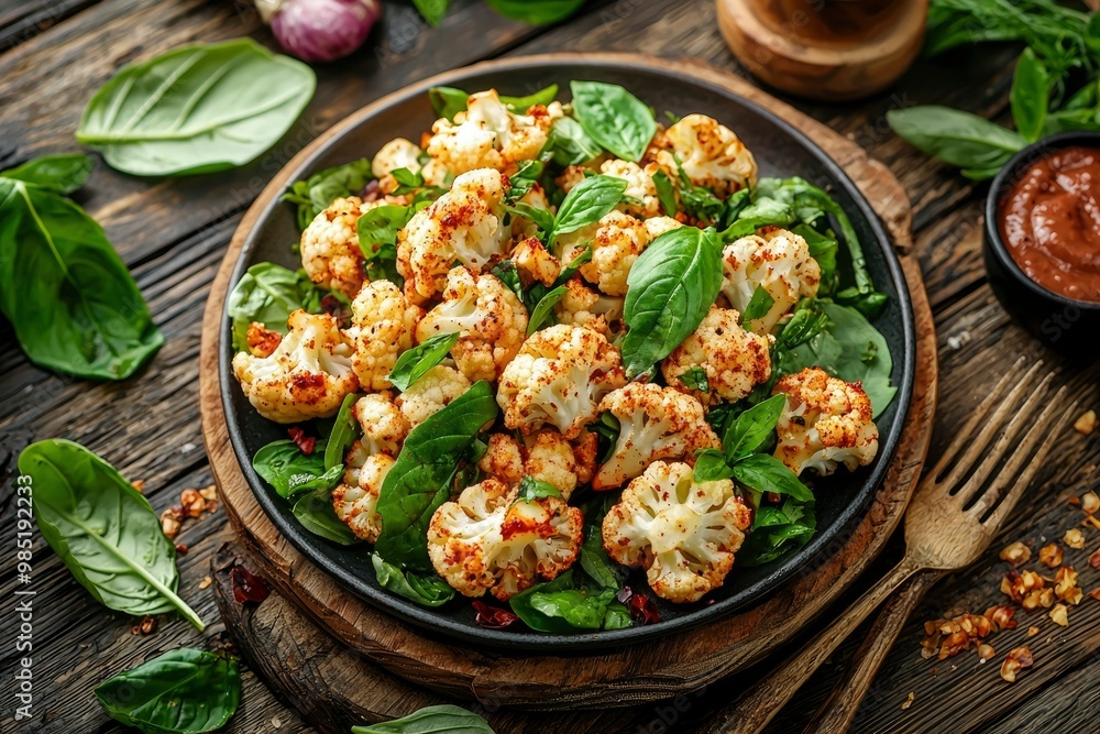 Roasted Cauliflower Florets with Basil and Chili Flakes on a Rustic Wooden Table Roasted Cauliflower Florets with Basil and Chili Flakes on a Rustic Wooden Table