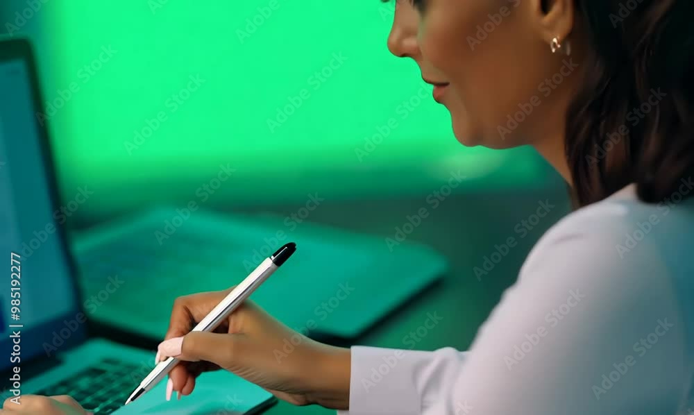 Chroma Green Screen Close-Up of Young Woman in Business Zoom Meeting on Laptop Chroma Green Screen Close-Up of Young Woman in Business Zoom Meeting on Laptop