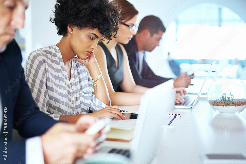 Woman, tech or paper in office for business, productivity or connectivity with team. People, laptop or networking at coworking desk for lead generation, feedback or consulting for company development