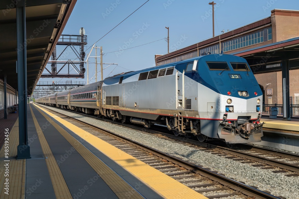 Amtrak train stopped at station. Modern railroad platform with passengers boarding, departing. Urban building in background, blue sky with spring foliage. Public transportation hub in Massachusetts, Amtrak train stopped at station. Modern railroad platform with passengers boarding, departing. Urban building in background, blue sky with spring foliage. Public transportation hub in Massachusetts,