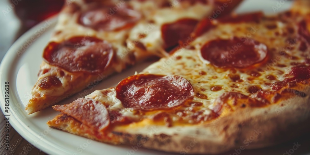 Close-up view of a dish featuring two slices of pepperoni pizza Close-up view of a dish featuring two slices of pepperoni pizza