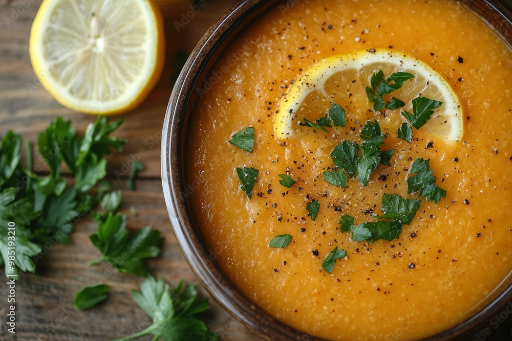 A Bowl of Pumpkin Soup with Lemon, Parsley, and Black Pepper A Bowl of Pumpkin Soup with Lemon, Parsley, and Black Pepper