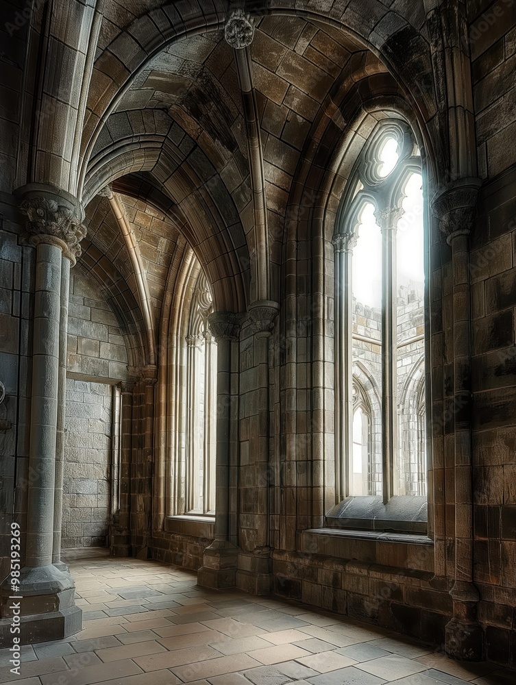 Fototapeta premium Ancient Scottish stone cathedral interior with intricate pillars, arches, stained-glass windows. European historic landmark architecture with grand stair, old building, classic design. Scotland, UK,