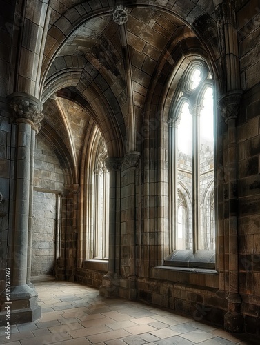 Ancient Scottish stone cathedral interior with intricate pillars, arches, stained-glass windows. European historic landmark architecture with grand stair, old building, classic design. Scotland, UK,