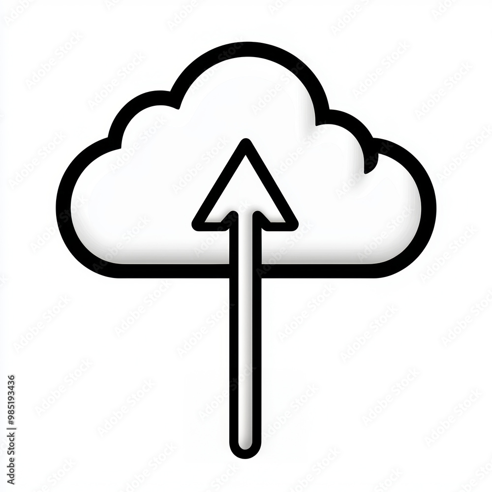 Cloud upload icon with upward arrow Minimalist black and white cloud upload icon featuring an upward arrow, symbolizing data upload to the cloud or online storage