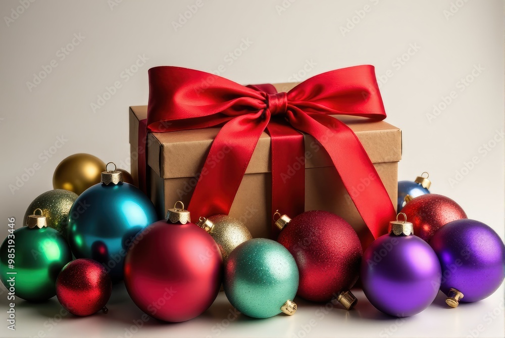 A stack of multicolored Christmas baubles, topped with a green ribbon and red and gold ribbons at the base A stack of multicolored Christmas baubles, topped with a green ribbon and red and gold ribbons at the base