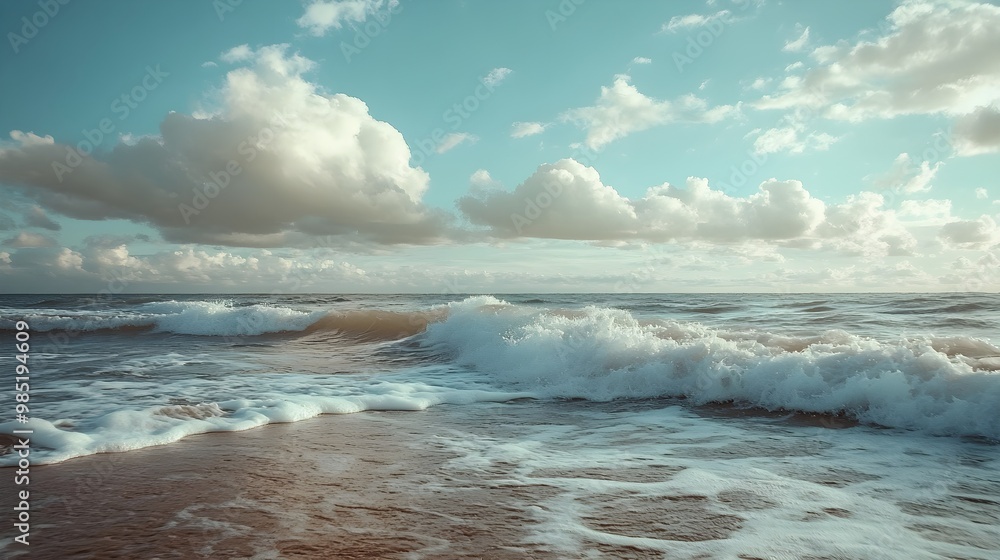 Dramatic clouds overhead at seashore with waves image Dramatic clouds overhead at seashore with waves image