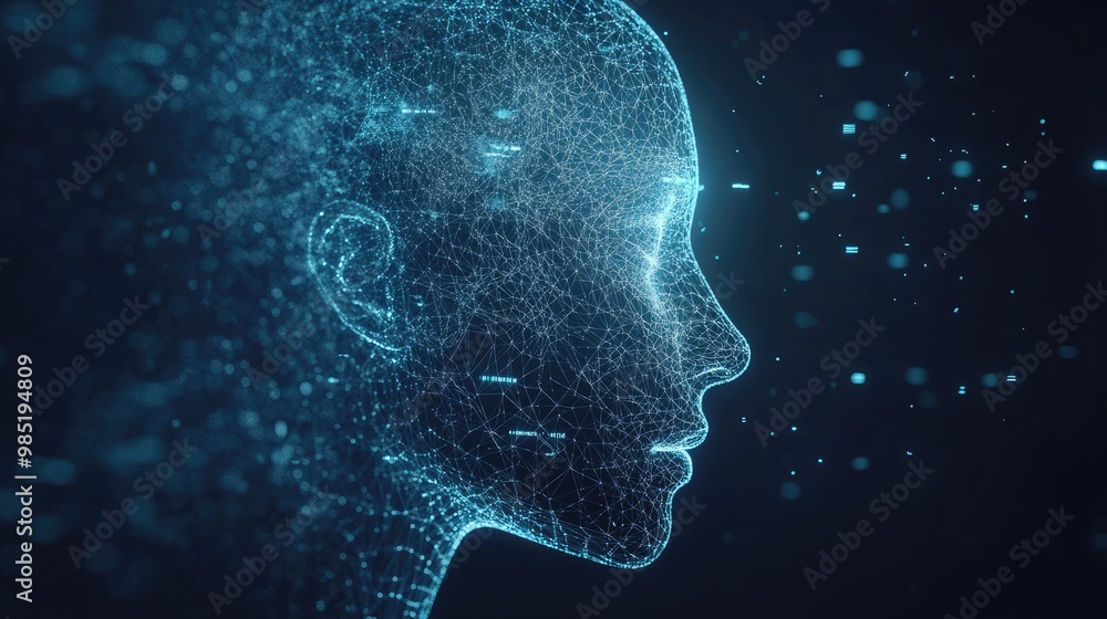 Abstract digital human head made of lines and dots. Abstract digital human head made of lines and dots.