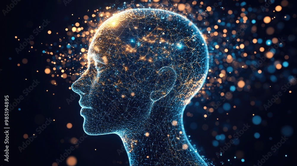 A digital representation of a human head composed of glowing lines and particles, signifying a network of connections and thoughts. A digital representation of a human head composed of glowing lines and particles, signifying a network of connections and thoughts.