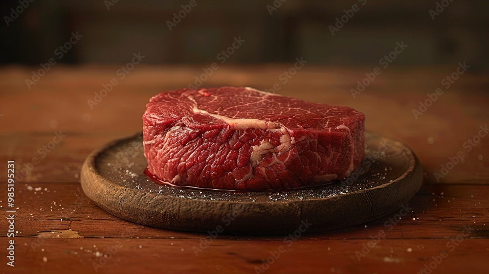 Close-Up of Raw Beef Steak on Wooden Board Close-Up of Raw Beef Steak on Wooden Board