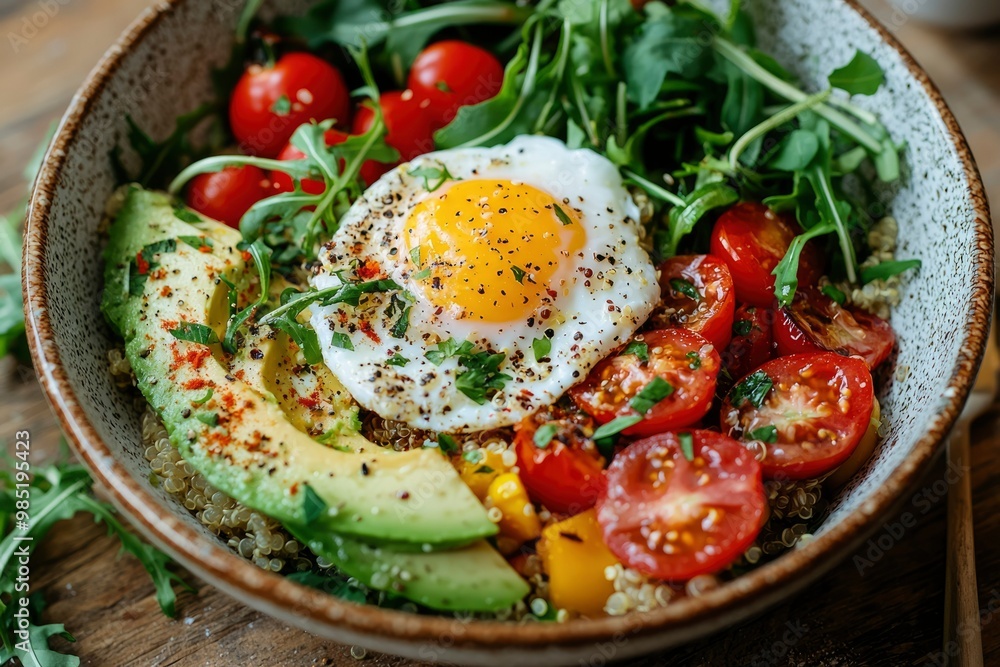Quinoa Bowl with Fried Egg, Avocado, Cherry Tomatoes, and Arugula Quinoa Bowl with Fried Egg, Avocado, Cherry Tomatoes, and Arugula