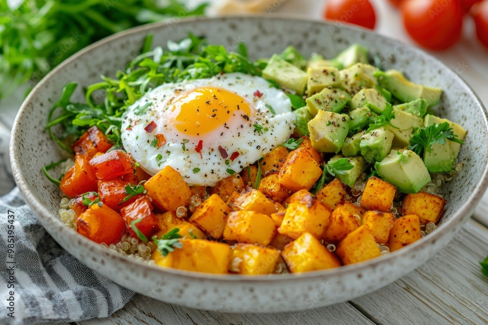 Quinoa Bowl with Fried Egg, Roasted Butternut Squash, and Avocado Quinoa Bowl with Fried Egg, Roasted Butternut Squash, and Avocado