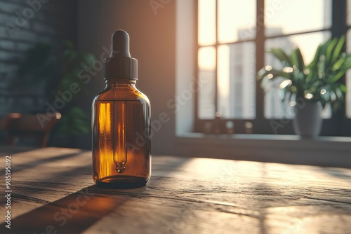 Glass Dropper Bottle on Wooden Table with Sunbeams photo