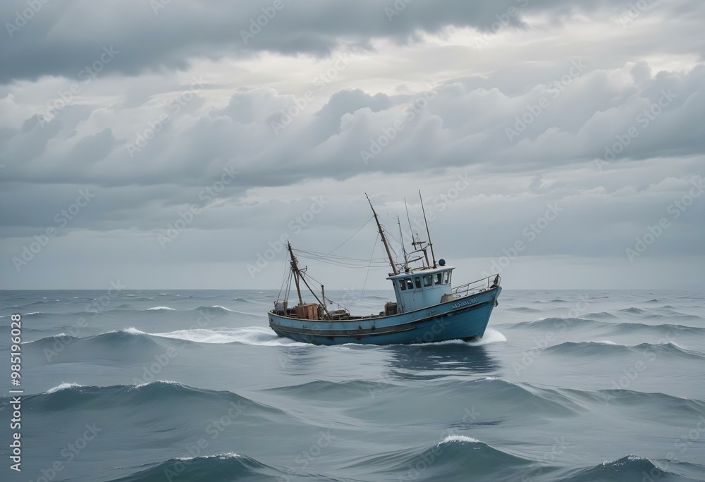 A fishing boat on the open ocean with a cloudy sky in the background A fishing boat on the open ocean with a cloudy sky in the background