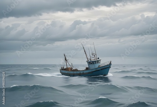 A fishing boat on the open ocean with a cloudy sky in the background