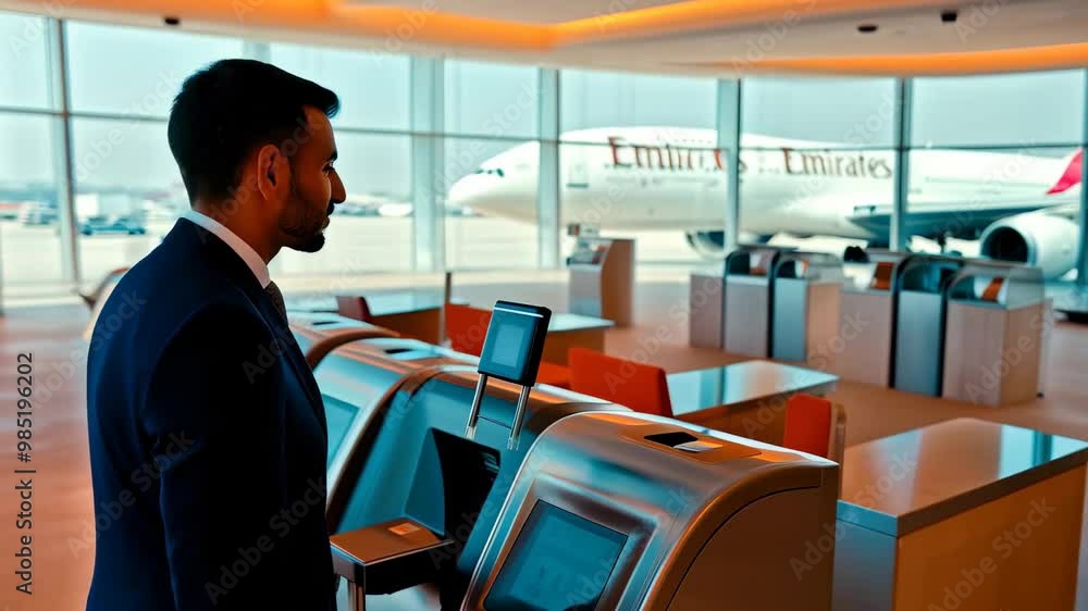 a businessman getting his facial biometrics scanned. the businessman is at an Emirates lounge stepping through futuristic automated gates. a businessman getting his facial biometrics scanned. the businessman is at an Emirates lounge stepping through futuristic automated gates.