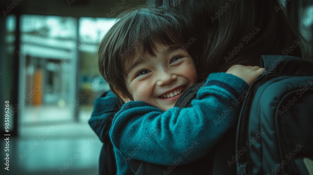 Smiling young asian boy hugging parent at school entrance, expressing love and warmth in a touching moment Smiling young asian boy hugging parent at school entrance, expressing love and warmth in a touching moment
