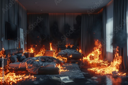 Modern bedroom engulfed in flames, black smoke fills the air as furniture including two beds burns intensely. Charred walls and ceiling create a chaotic scene.