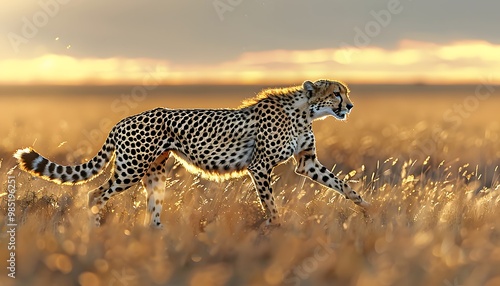 Sleek cheetah sprinting across plains.