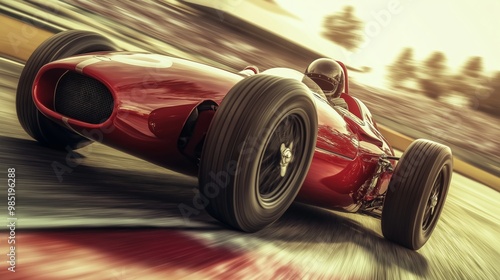 
Vintage racing car speeding on a track with dynamic motion blur in the background, capturing energy and retro style