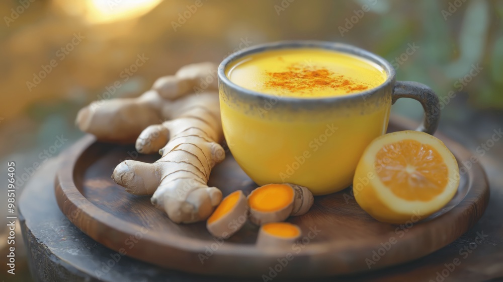 A warm turmeric and ginger elixir with lemon slices, served on a rustic wooden plate, promoting health and wellness A warm turmeric and ginger elixir with lemon slices, served on a rustic wooden plate, promoting health and wellness