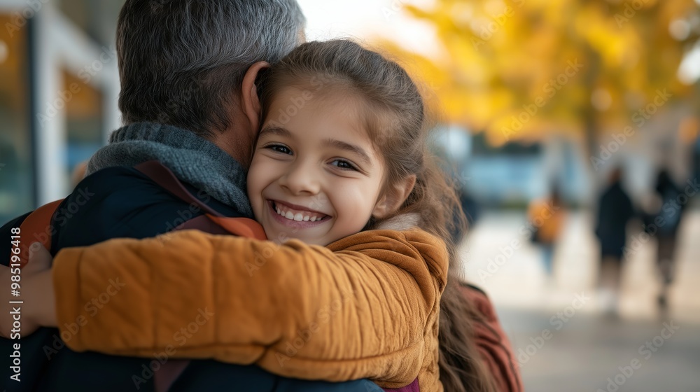 Fototapeta premium Father hugging his smiling daughter goodbye at school on an autumn day