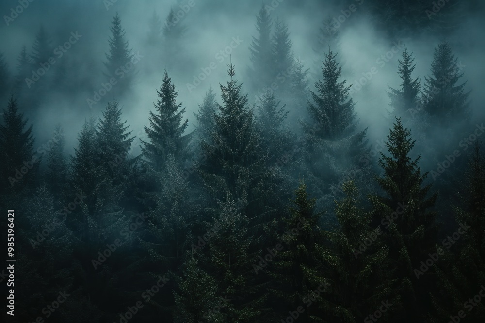 Dark forest with coniferous trees on a foggy misty gloomy day. Dense coniferous trees stand tall in a dark forest. Foggy misty atmosphere surrounds the trees. Dark forest with coniferous trees on a foggy misty gloomy day. Dense coniferous trees stand tall in a dark forest. Foggy misty atmosphere surrounds the trees.