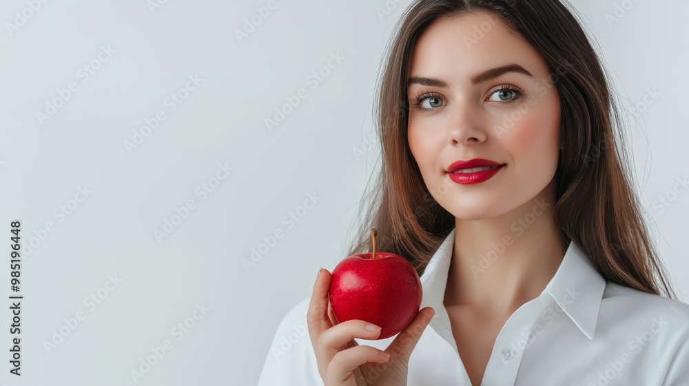 Smiling young woman holding a red apple, wearing a white shirt, isolated on a light background with copy space Smiling young woman holding a red apple, wearing a white shirt, isolated on a light background with copy space