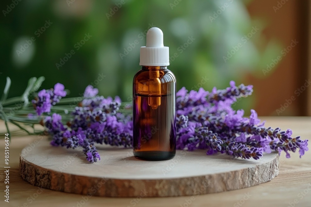 Lavender Essential Oil Bottle on Wooden Slab Lavender Essential Oil Bottle on Wooden Slab