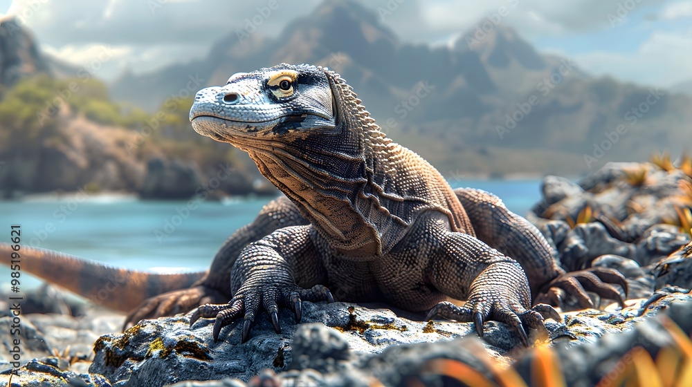 Fototapeta premium Fierce Komodo dragon basking in sun.