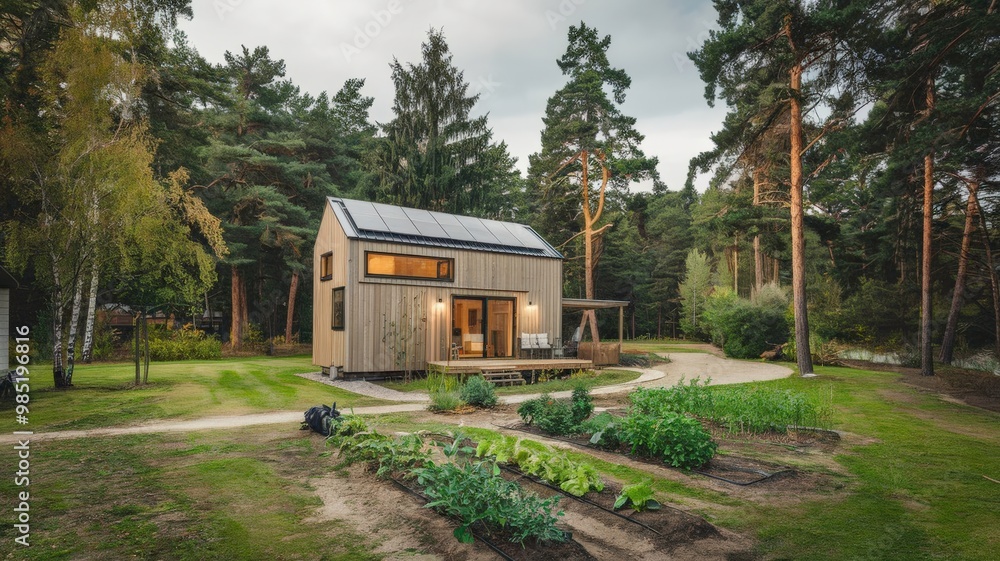 A Modern Tiny House Surrounded by Lush Forest Greenery and Solar Panels Capturing Sunlight. Generative AI A Modern Tiny House Surrounded by Lush Forest Greenery and Solar Panels Capturing Sunlight. Generative AI