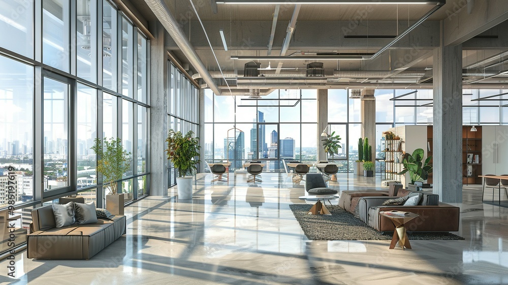 Modern Loft Interior with City View and Leather Sofa Modern Loft Interior with City View and Leather Sofa