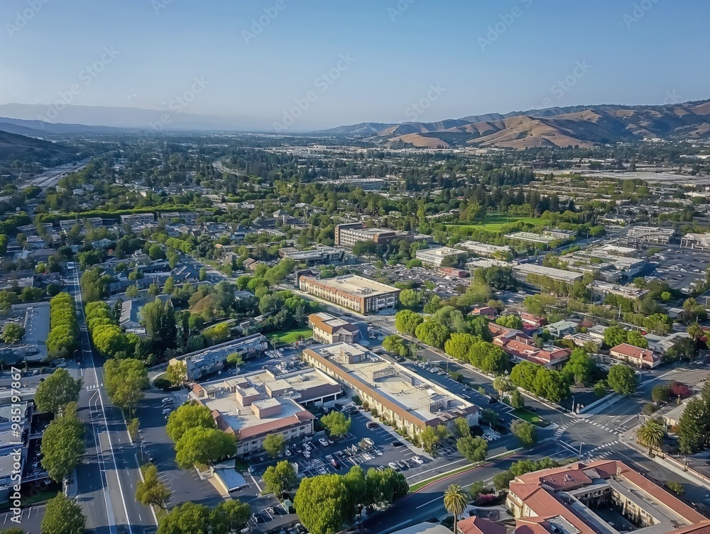 Aerial shot of city in California, United States. Cityscape with park, outdoors, architecture, urban, building, street, travel, landmark, sky, town, view, tower, roof. Modern city with green spaces, Aerial shot of city in California, United States. Cityscape with park, outdoors, architecture, urban, building, street, travel, landmark, sky, town, view, tower, roof. Modern city with green spaces,