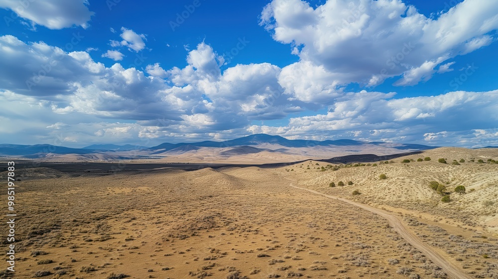 Aerial shot of arid desert landscape with dunes, sand, and scattered green plants in Reno, Nevada. Blue cloudy sky above. Desert climate, hot weather, outdoors. Aerial shot of arid desert landscape with dunes, sand, and scattered green plants in Reno, Nevada. Blue cloudy sky above. Desert climate, hot weather, outdoors.