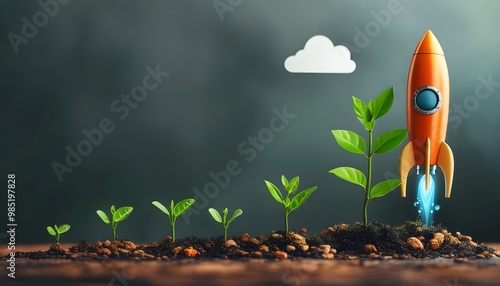 Rocket symbolizing business growth alongside thriving plants in an innovative concept photo