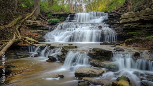 Waterfall flows over rocky surface in Cherokee Park, Louisville, Kentucky. Long exposure serene green landscape with tree roots, leaves. Water stream flows freely, creating beautiful natural scene.