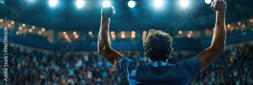 Tennis player in intense match raises arms, wearing blue shirt, against gray wall with white text. Athlete powerful serve aggressive playstyle displayed as moment during sports event. photo