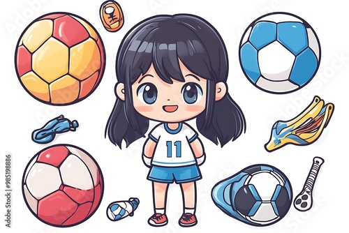 Cute anime girl soccer player with sports equipment illustration photo