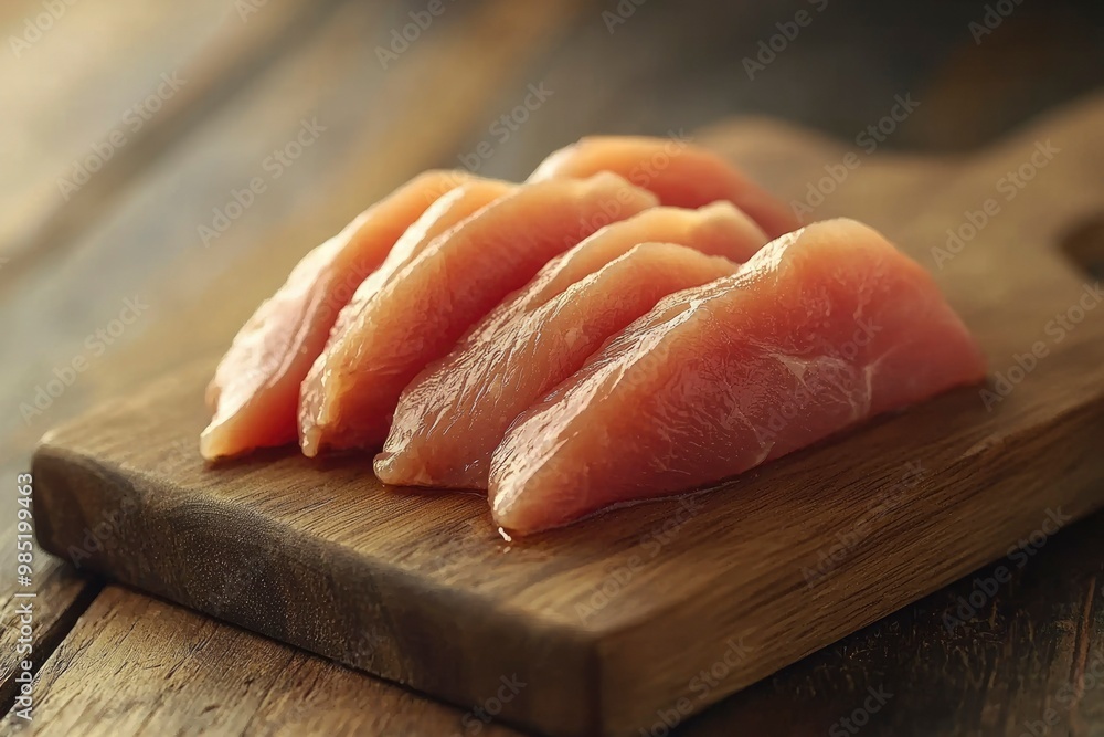 Raw Chicken Breast Slices on a Wooden Cutting Board Raw Chicken Breast Slices on a Wooden Cutting Board