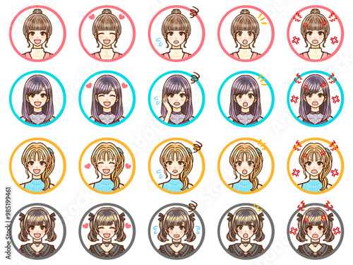 おしゃれな大人女性の喜怒哀楽顔アイコンイラスト素材セット