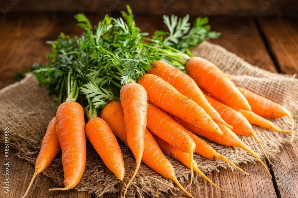 Fresh Carrots with Green Tops on Burlap and Wood Fresh Carrots with Green Tops on Burlap and Wood